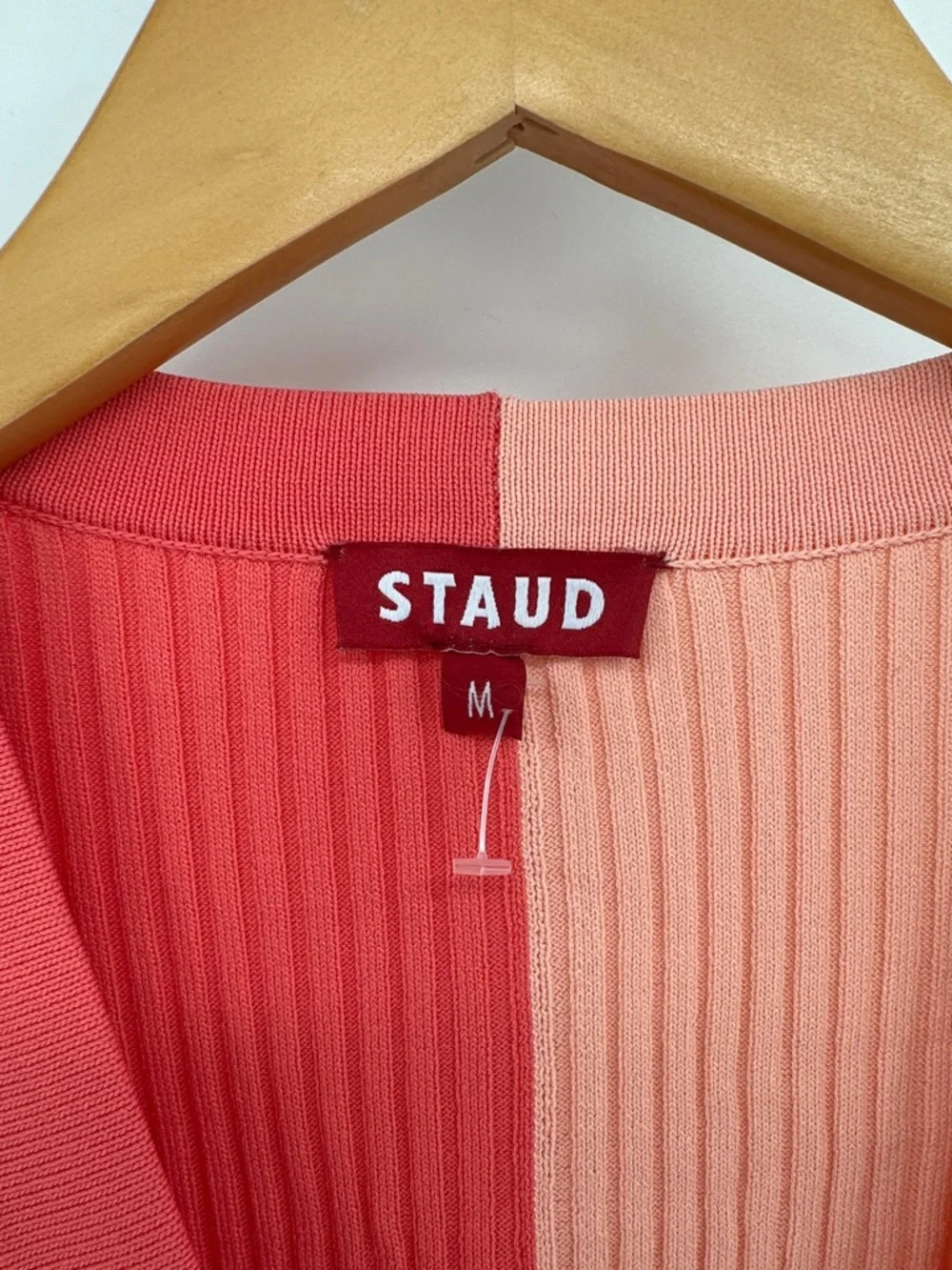 STAUD Two-Tone Ribbed Button-Front Long Sleeve Coral Pink Medium MIDI Dress - Picture 3 of 5